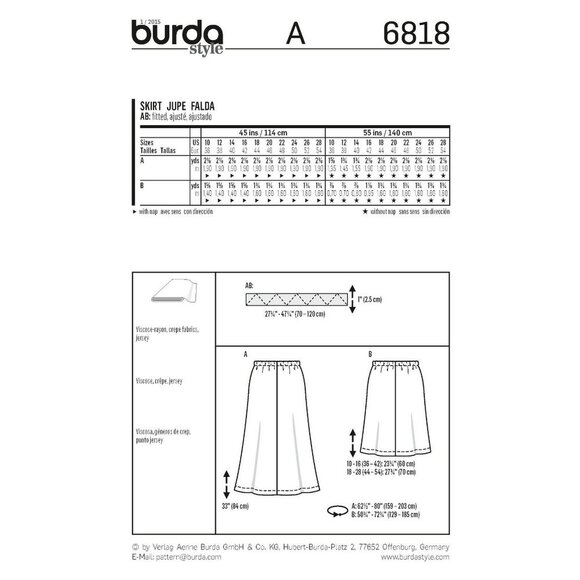 Burda 6818 Sewing Pattern A-Line Skirt Sizes 10-28 Super Easy Stretch Fabric - Picture 2 of 2